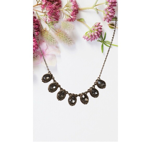 Smoky Gray Rhinestone Teardrop Bib Necklace Statement  Bronze Tone Chain Women - Picture 4 of 11